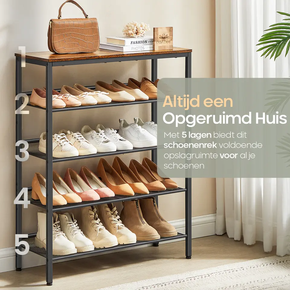 O'DADDY Schoenenrek 5-Laags - Industrieel Design - Bruin Hout/Zwart Metaal