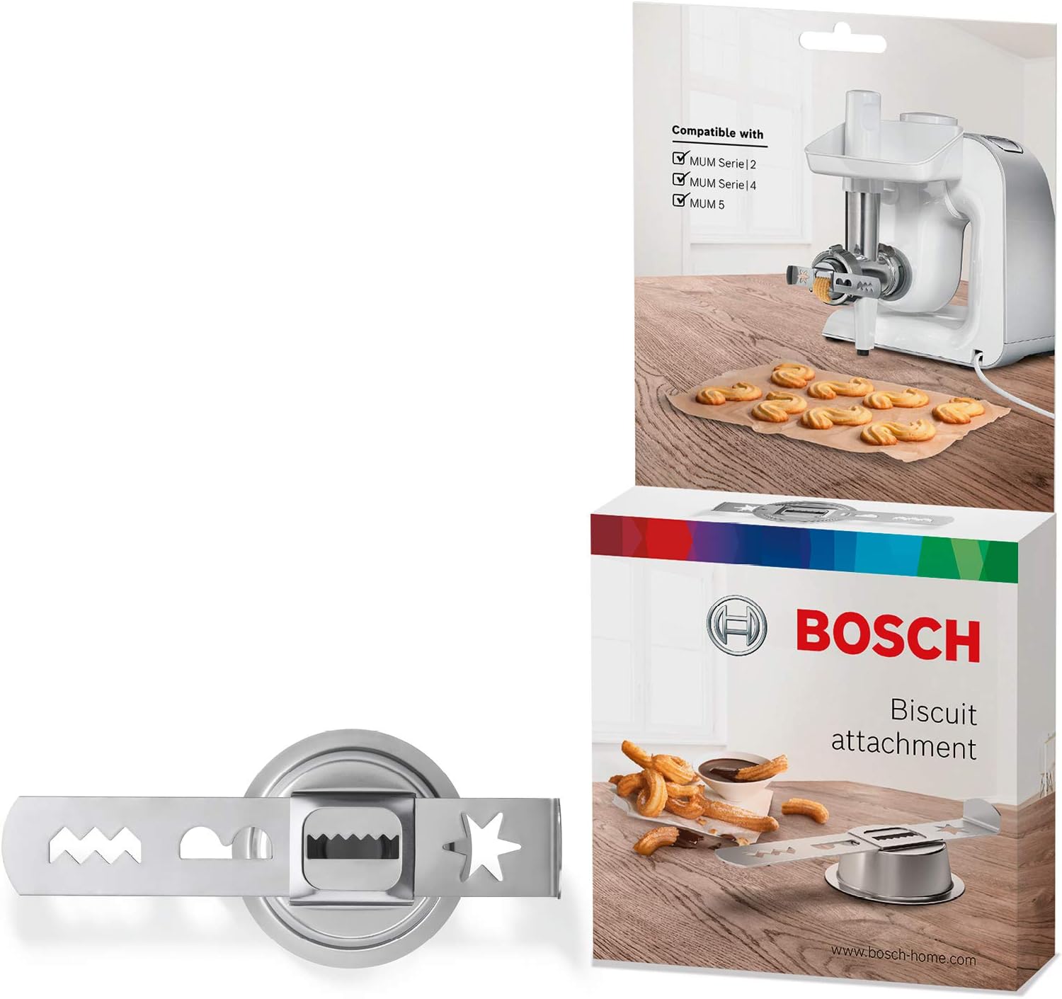 Bosch Küchenmaschine Serie 6 MUM56340, Schüssel 3,9 L, Mixer 1,25 L & MUZ45SV2 Spritzgebäckvorsatz, für Fleischwolf, perfekt zum Backen, vier Formen, Edelstahl, passend Serie 4, Serie 2, MUM4