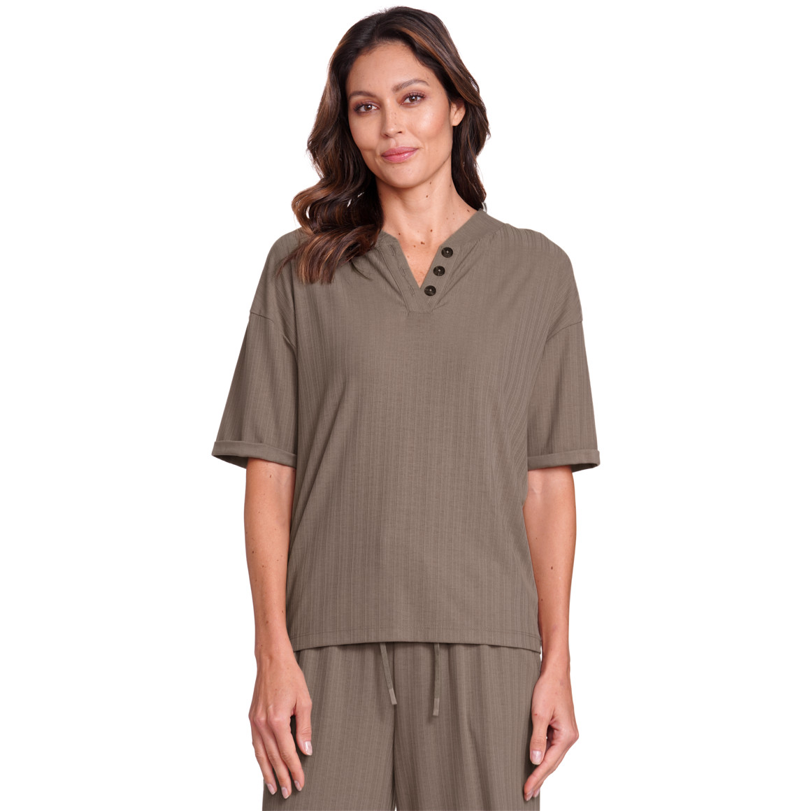 Gina Benotti Damen T-Shirt mit Rippstruktur hellbraun