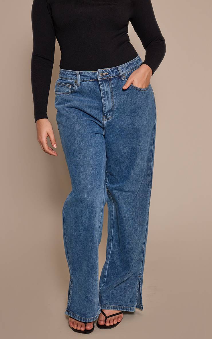 Délavage Vintage Jean Droit Grande Taille À Ourlet Fendu