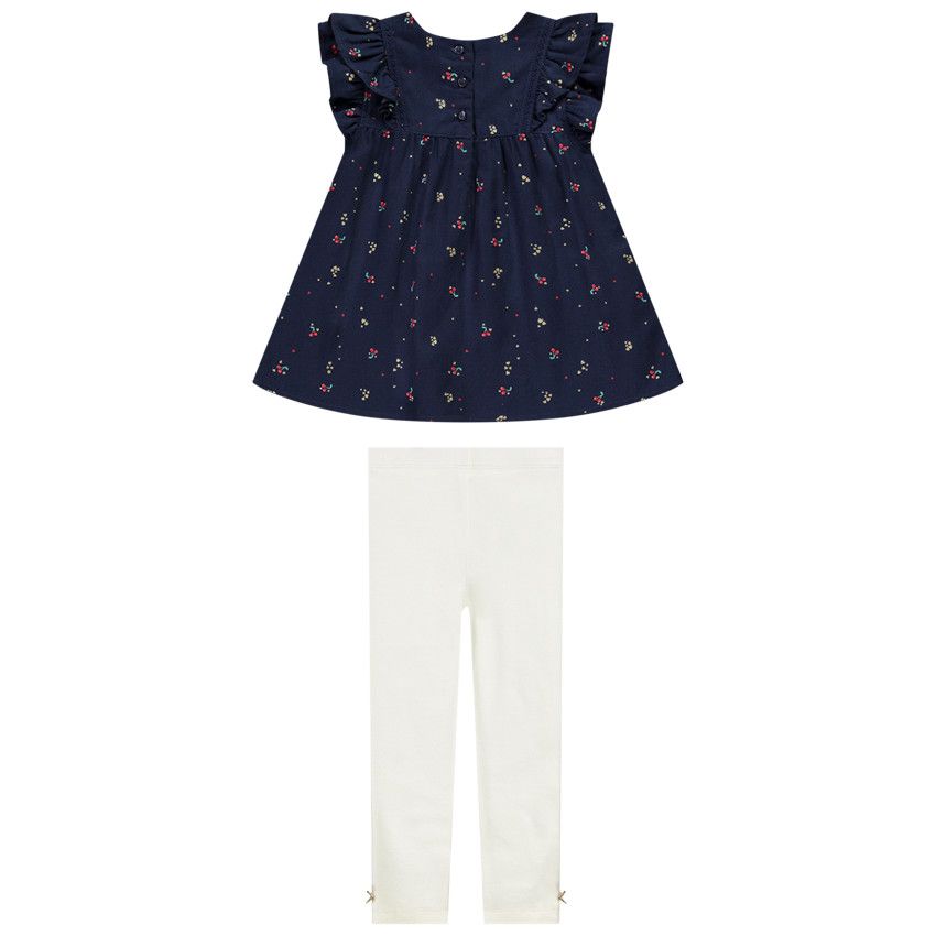 Ensemble tunique en twill imprimé fantaisie et legging en côtes pour bébé fille - Bleu marine