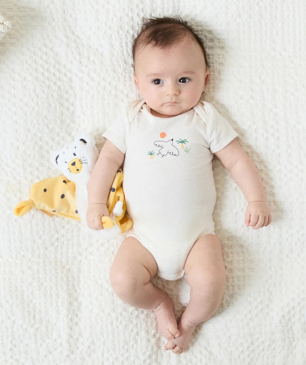 lot de 3 bodies bébé en coton bio uni jaune et imprimé thème oiseaux