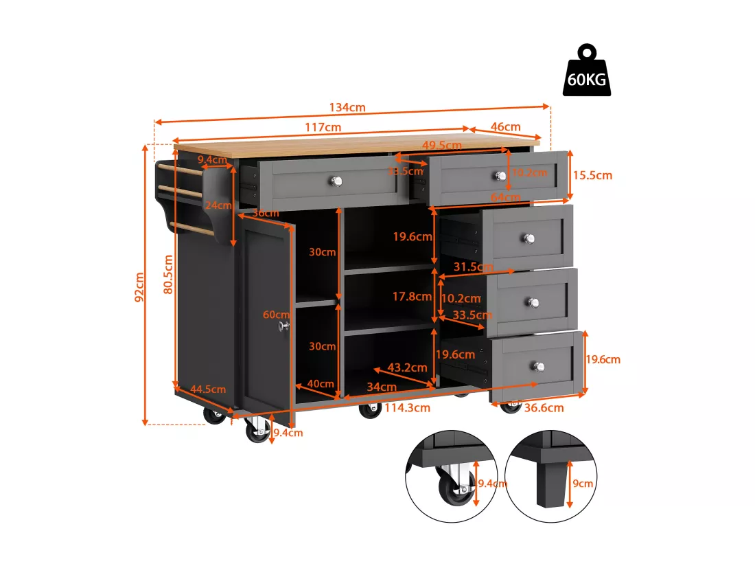 Ilot central de cuisine mobile - 5 tiroirs et 5 compartiments - MDF - Noir