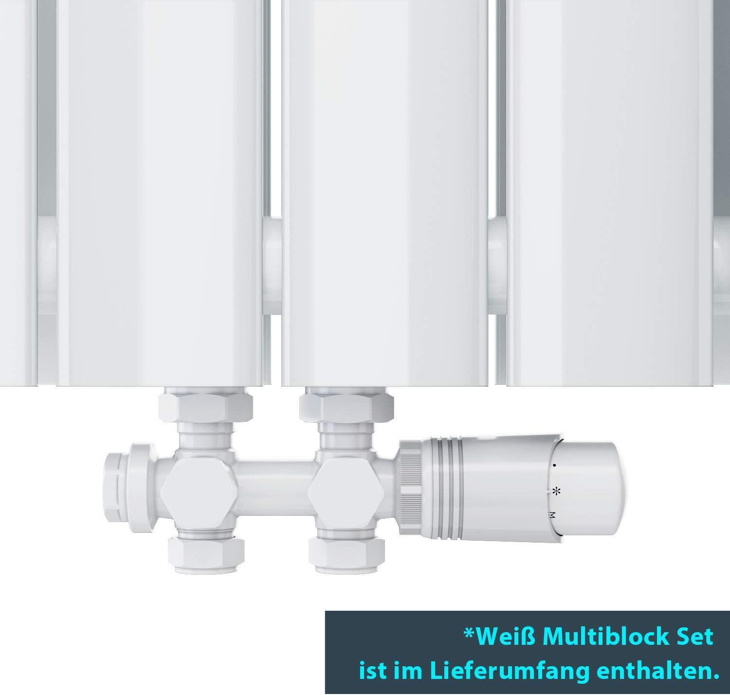 ELEGANT Design Heizkörper Flach 1600x462mm mit Weiß Multiblock Thermostat Flachheizkörper Weiß Doppellagig Vertikal Heizkörper Mittelanschluss