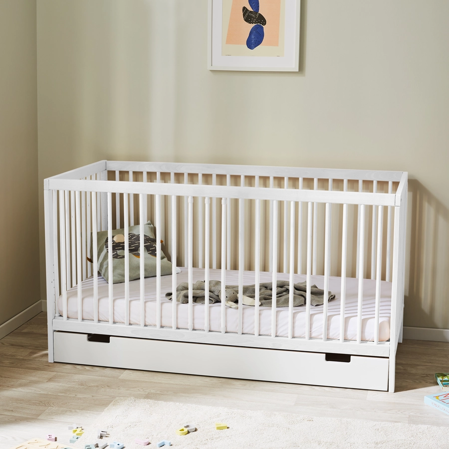 Kids Collective Babybett Gitterbett 60x120 | 70x140 höhenverstellbar & herausnehmbare Sprossen weiß mit Schublade