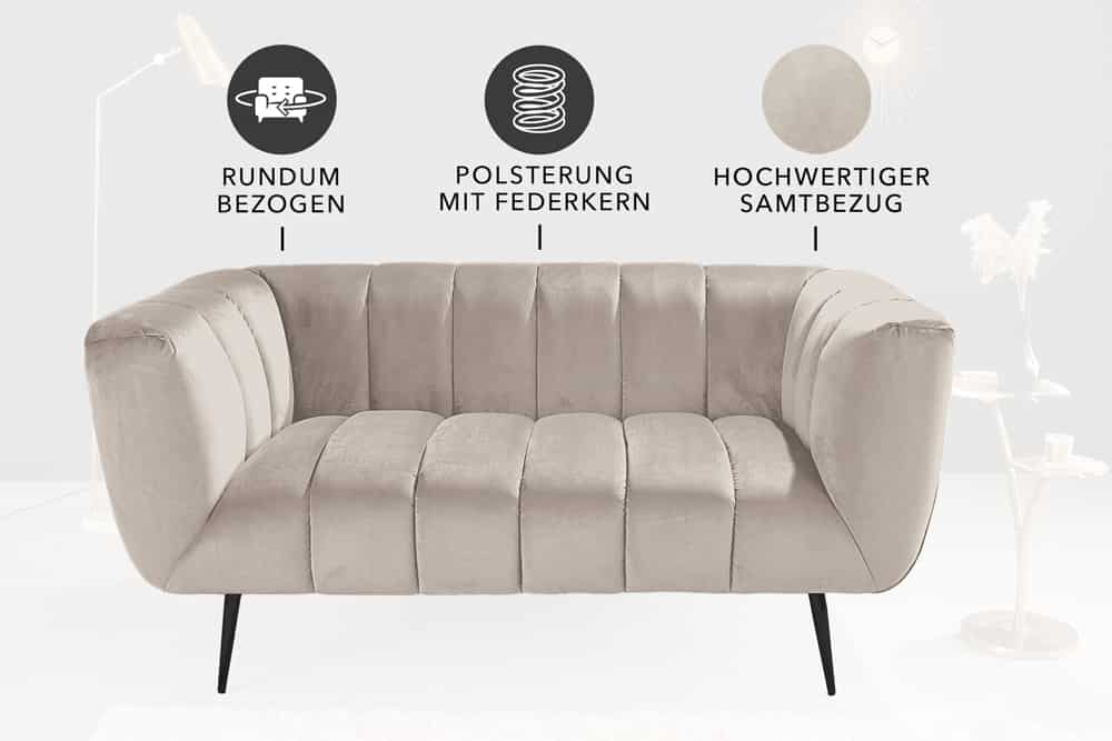 Design 2-Sitzer Sofa NOBLESSE 165cm champagner Samt schwarze Metallfüße Federkern