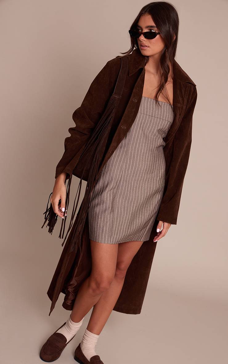 Marron Robe Moulante Bustier À Rayures Fines Avec Pli
