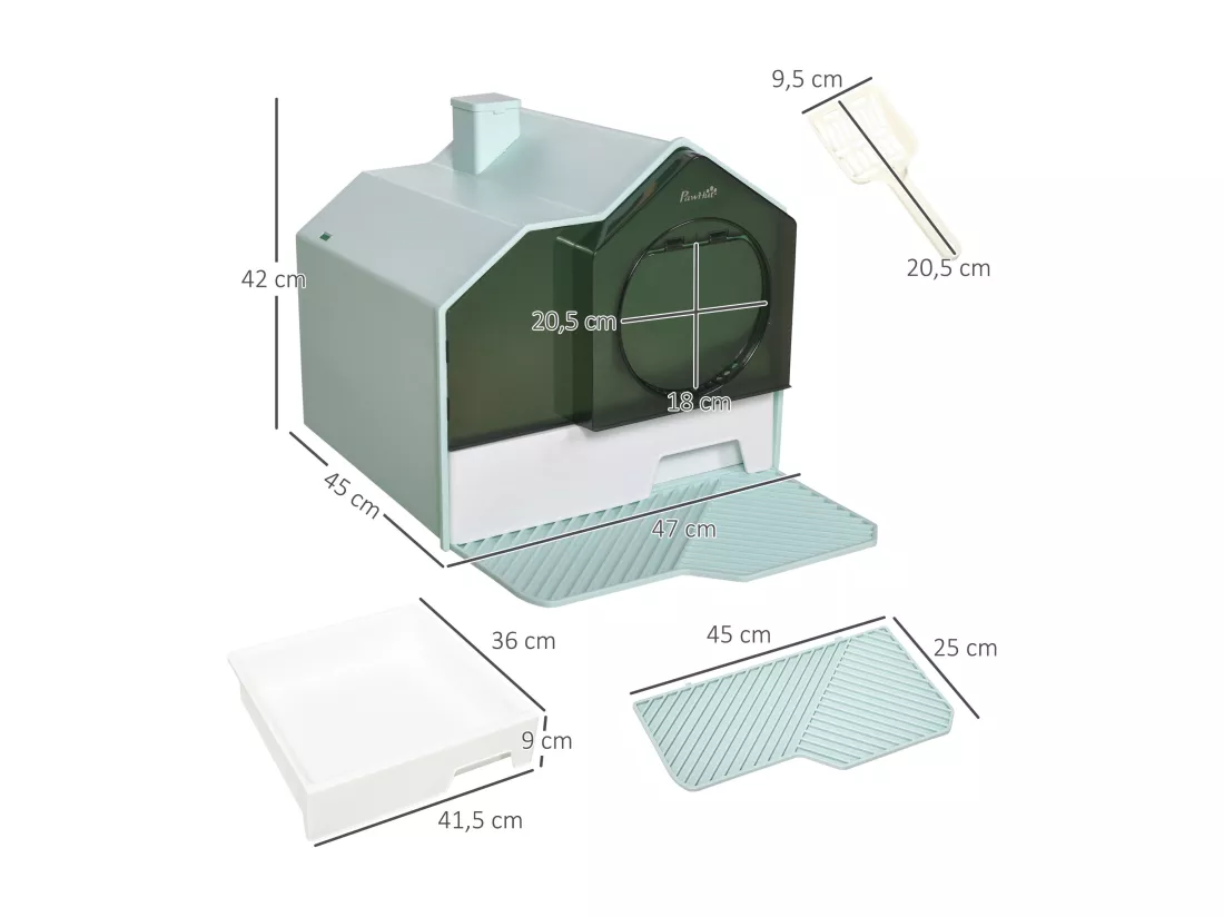 Maison de toilette chat design maisonnette porte battante pelle filtre tapis bleu