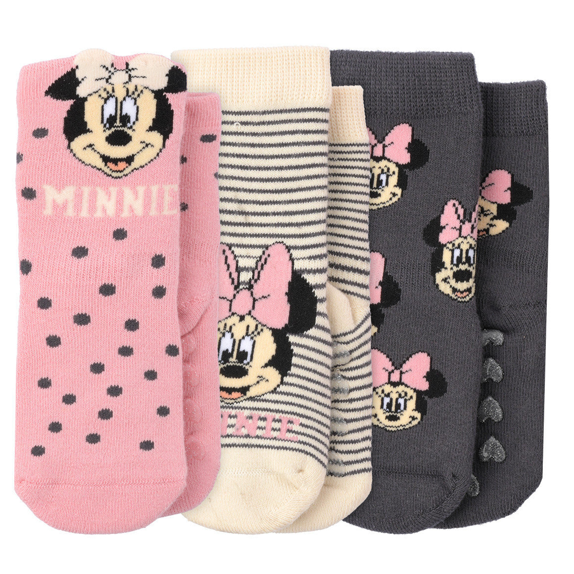 Topomini 3 Paar Minnie Maus Frottee-Socken im Set rosa / creme / dunkelgrau