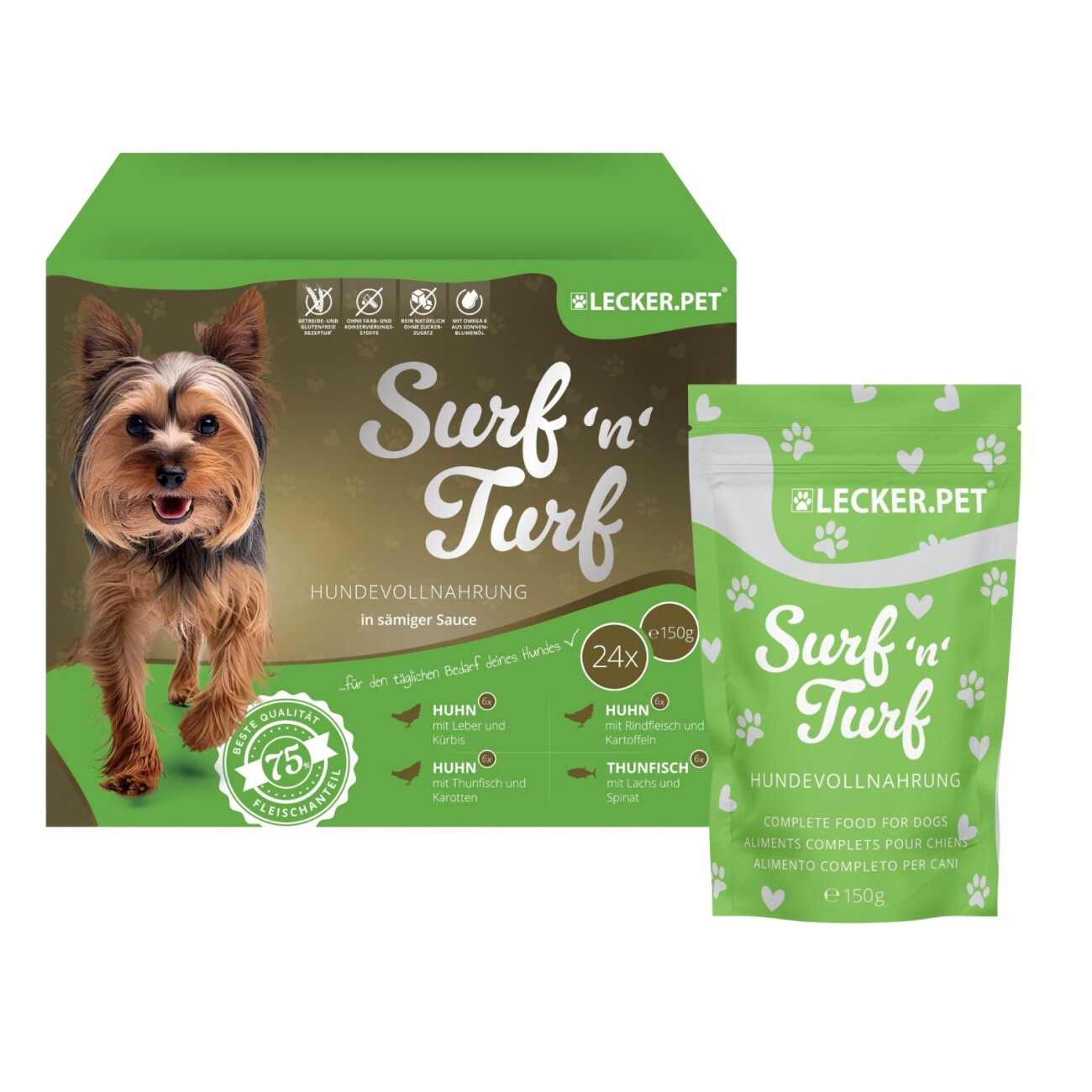 Lyra Pet Lecker.Pet Surf'n'Turf Pouches Hundefutter Nassfutter 4er Mix Multipack