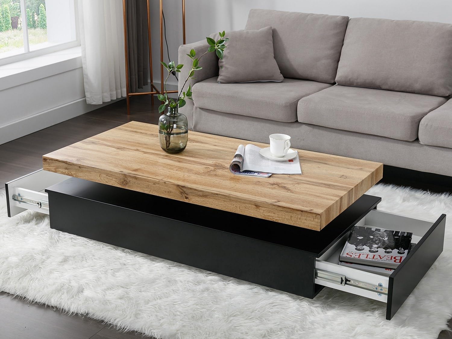 Vente-unique-Couchtisch mit 2 Schubladen - MDF - Schwarz & Holzfarben hell - Felix