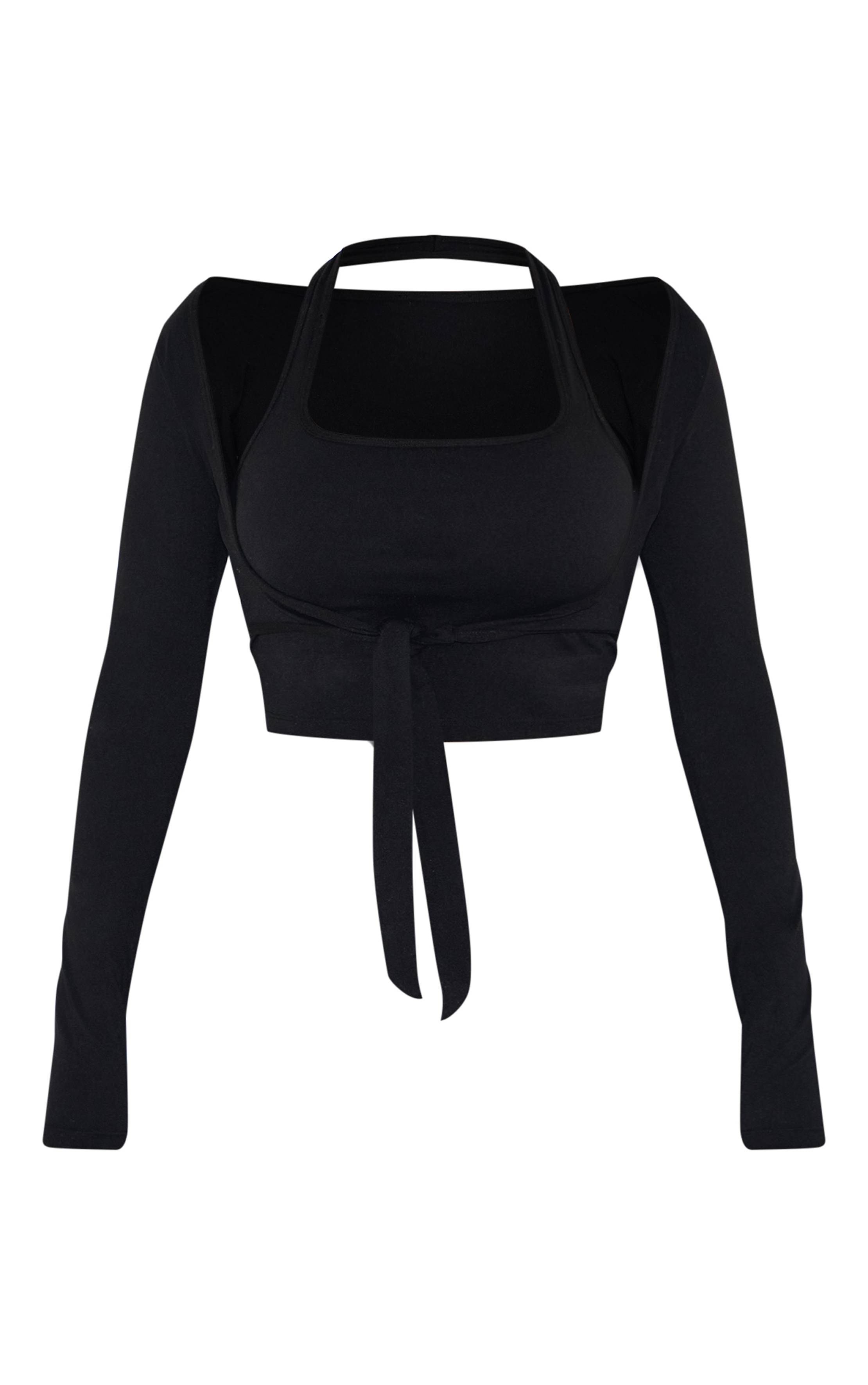 Noir Top Actif Noir À Manches Longues Superposées Avec Bande De Soutien Sous-Poitrine Et Rembourrage Shape