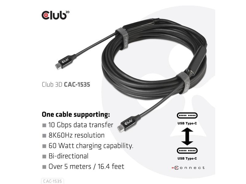 Club 3D Kabel USB Type-C - USB Type-C, 5 m, 8K60Hz USB 3.2 Gen2 Typ C auf C, aktives bidirektionales Kabel 8K60Hz