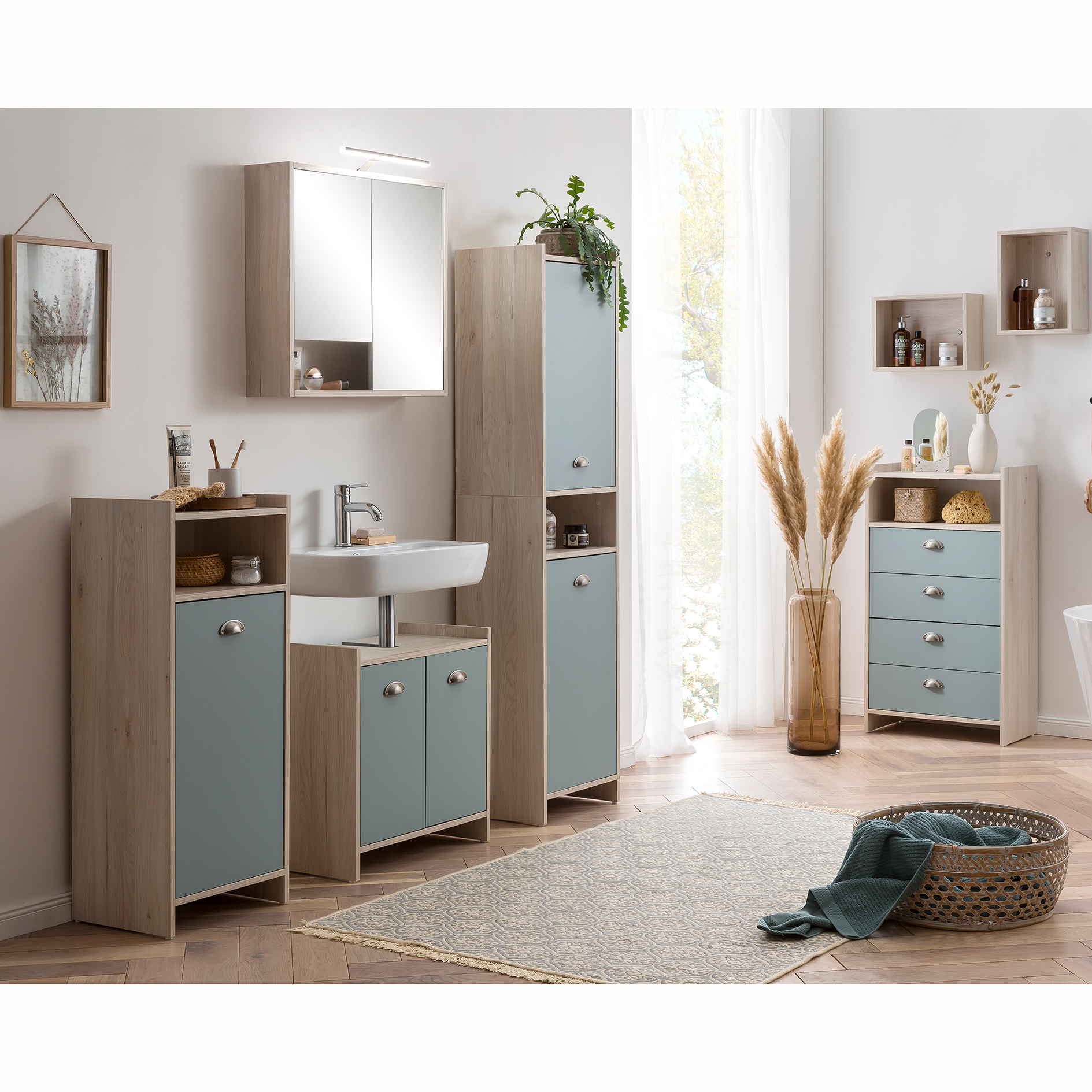 Highboard - taubenblau - Sandeiche - 40,2 cm