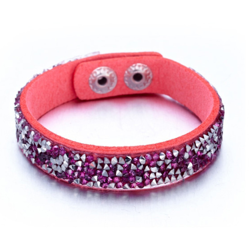 Bracelet orné de Cristaux Fushia et Argentés de Swarovski et Cuir Rose