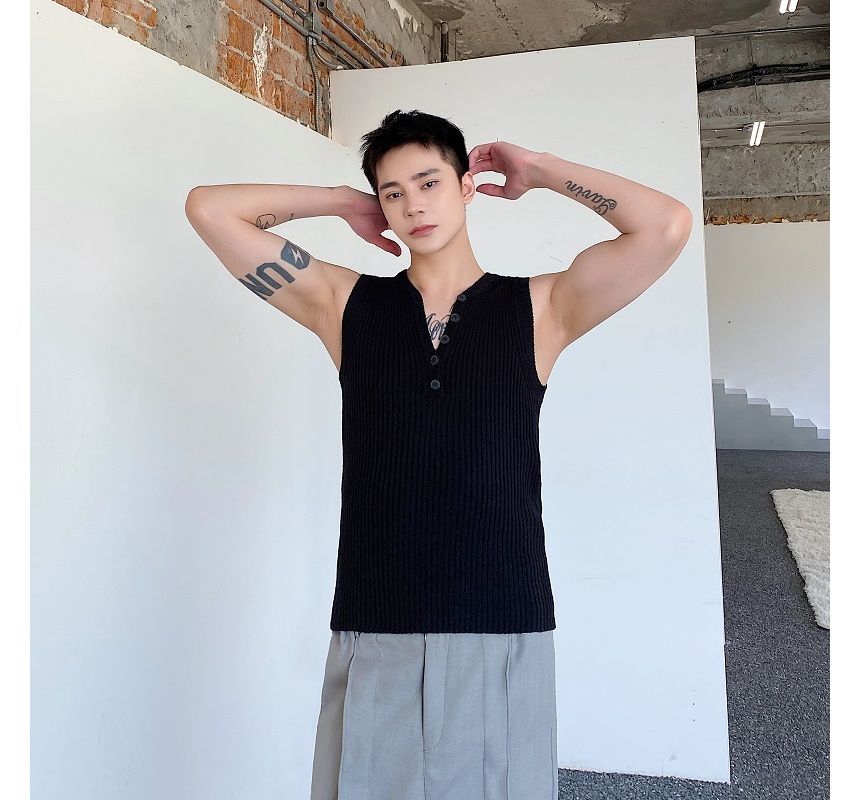 Freehop - V-hals Henley effen geribbeld gebreid tanktopje