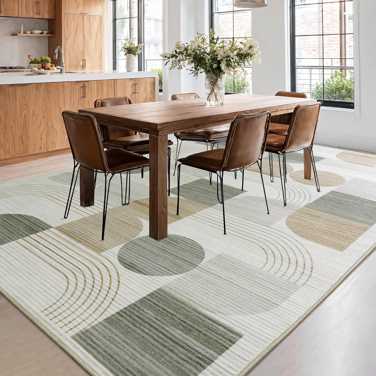 Teppich Wohnzimmer, Moderne Abstraktem Muster Wohnzimmerteppich, Beige 200x230 cm Kurzflor Wohnzimmer Waschbare Teppiche, Groß Carpet Wollteppich für Schlafzimmer Büro Esszimmer