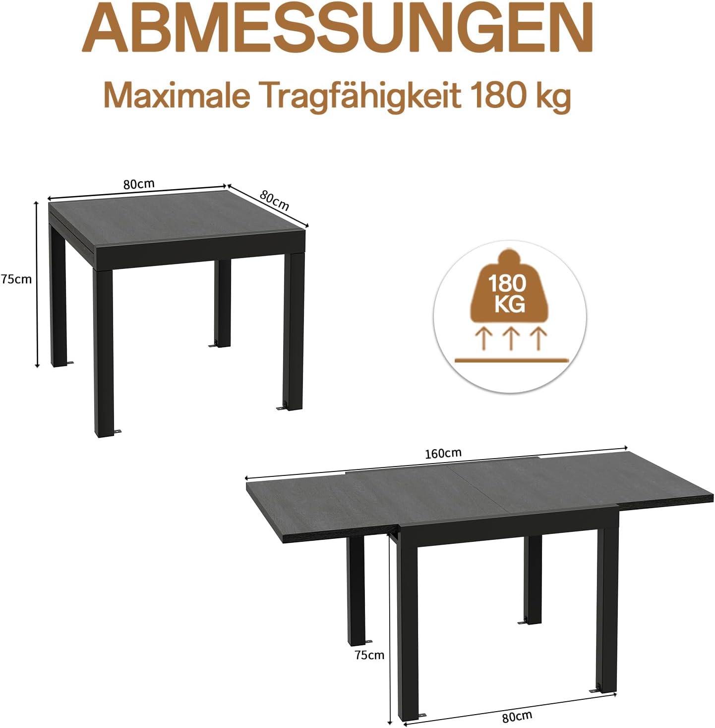 Devoko Aluminium Ausziehbarer Gartentisch, Wetterfest 80-160x80x75cm Outdoor Esstisch für 4-6 Personen mit Sonnenschutz, Leicht zu Reinigen, Dunkelgrau