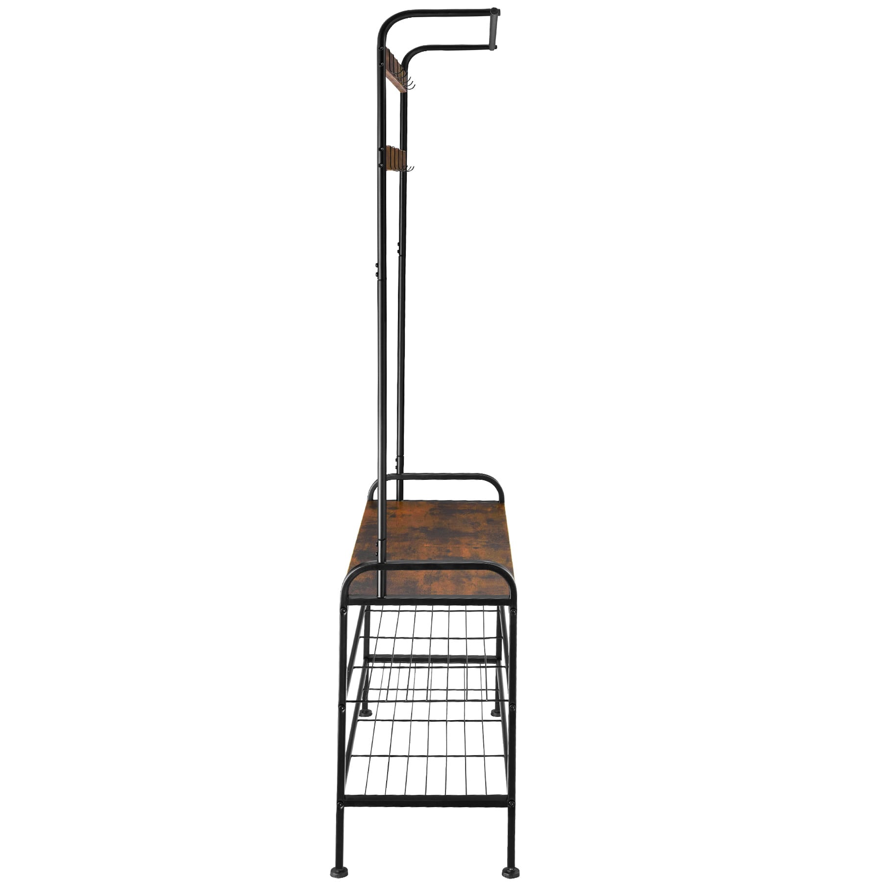 tectake® Garderobenständer, Industrial Style, mit Sitzfläche, 2 Gitterablagen und 9 abnehmbaren Haken, inklusive Kippschutz, 73,5 x 36 x 184 cm
