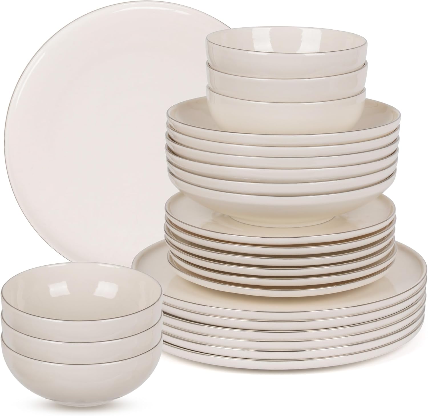 Premium Geschirrset 24-teilig aus edlem PORZELLAN für 6 Personen | 6x Große Essteller 27 cm, 6x tiefe Suppenteller, 6x Dessertteller und 6x Schüsseln | Cremeweiss mit Platinring