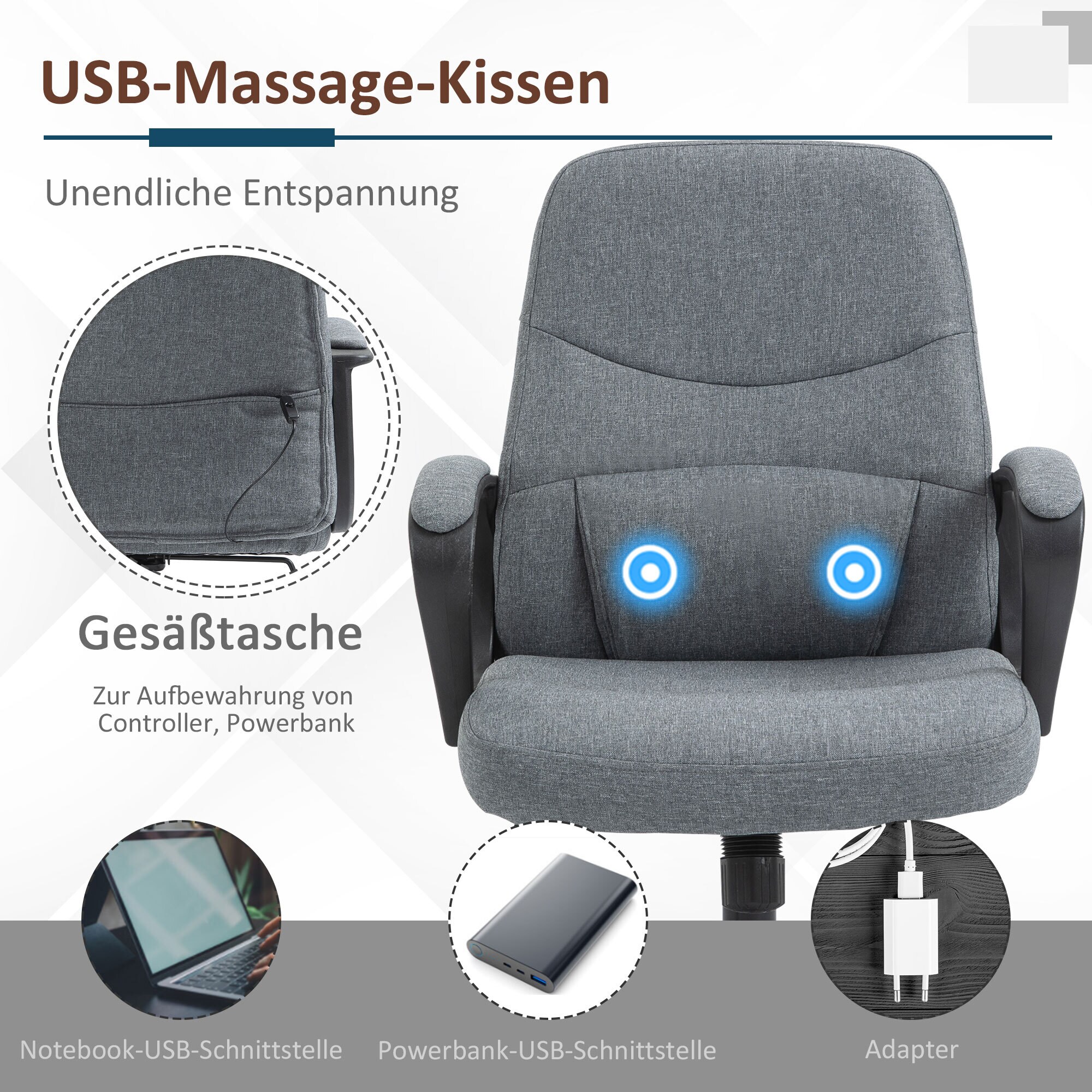 Vinsetto Bürostuhl mit Massagefunktion grau 59 x 63 x 92-101 cm (BxTxH)