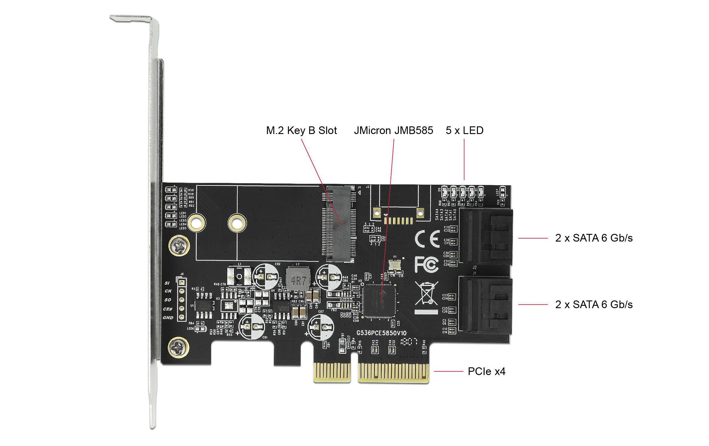 SATA-Controller 4Port SATA & 1Port M.2 SATA PCI-Express-x4Delock 4 Port SATA und 1 Slot M.2 Key B (Format 2242 und 2230) PCI Express x4 Karte