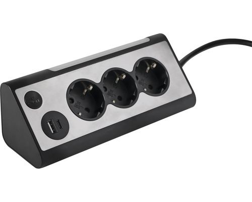 Drievoudig stopcontact met 1x USB-A-poort en 1x USB-C-poort, 1,5 m kabel met schokbescherming, zwart/zilver