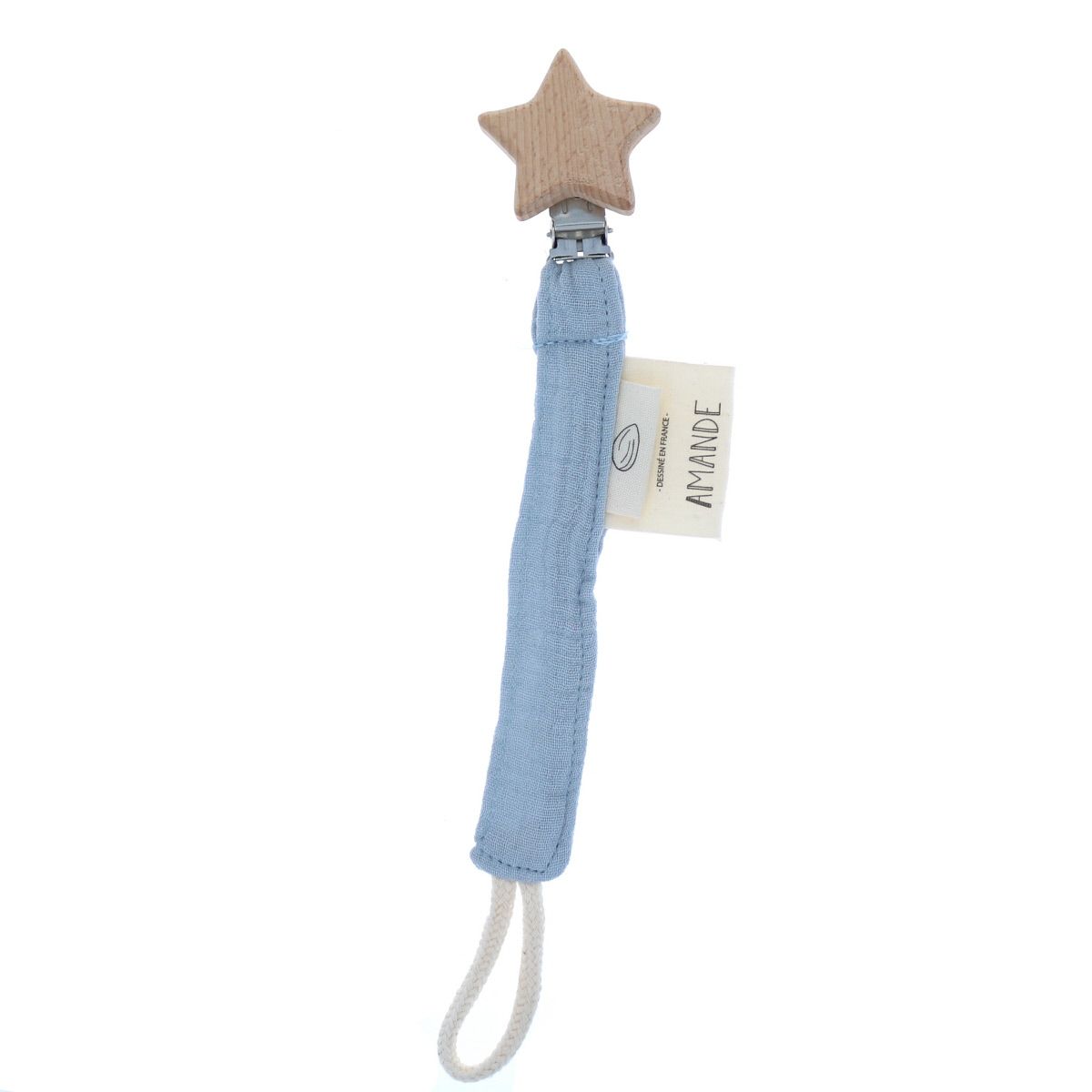 Attache tétine étoile gaze de coton bleu Amande