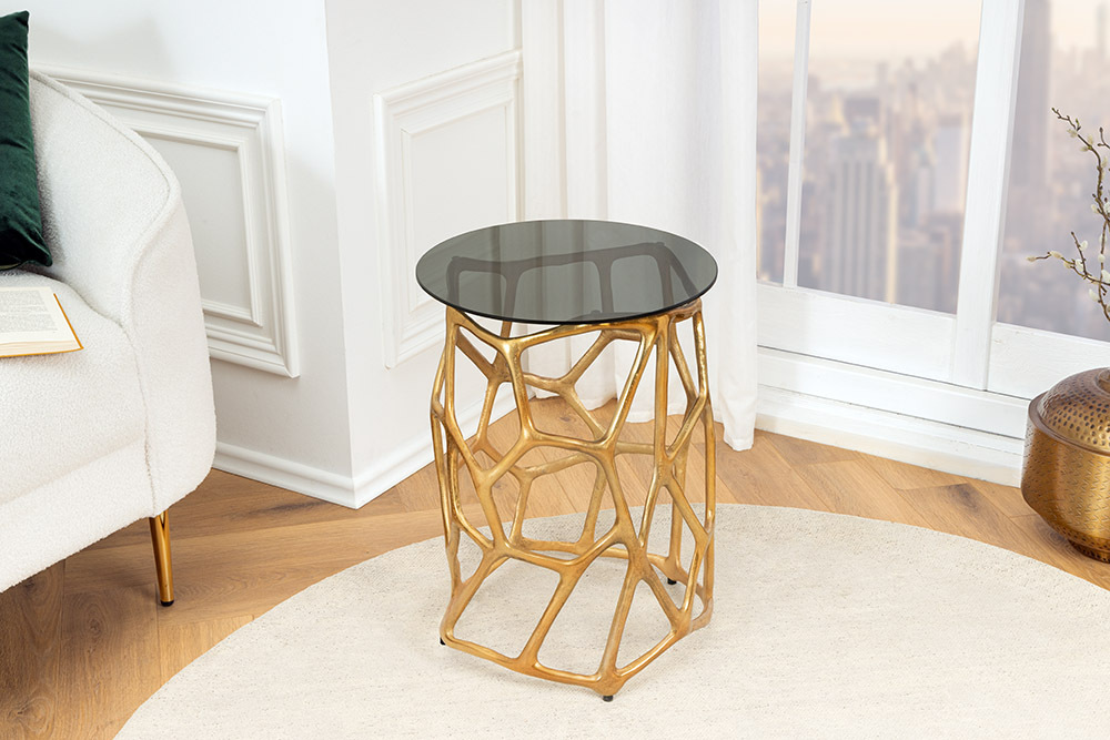 Handgefertigter Beistelltisch LIQUID GEOMETRIE 50cm gold rund Metall Schwarzglas
