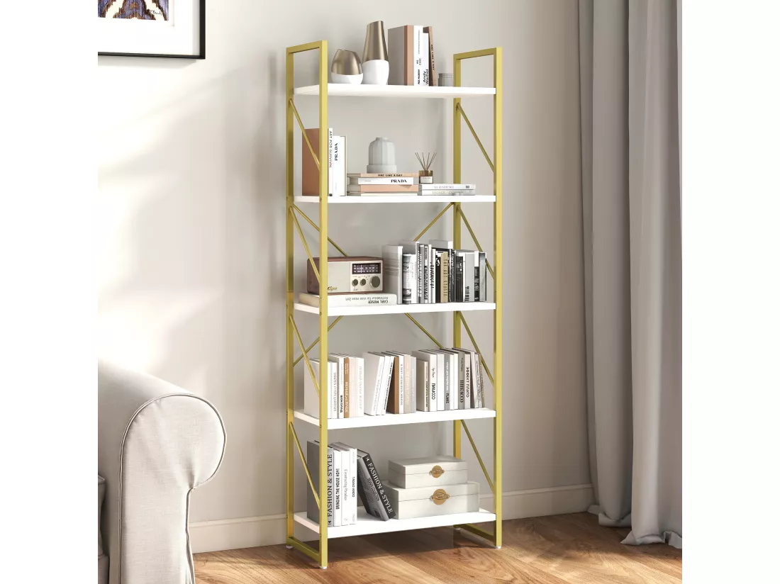 YITAHOME Bibliothèque à 5 niveaux, étagère de rangement, étagères pour livres, 30x60x158cm (Blanc&Or)