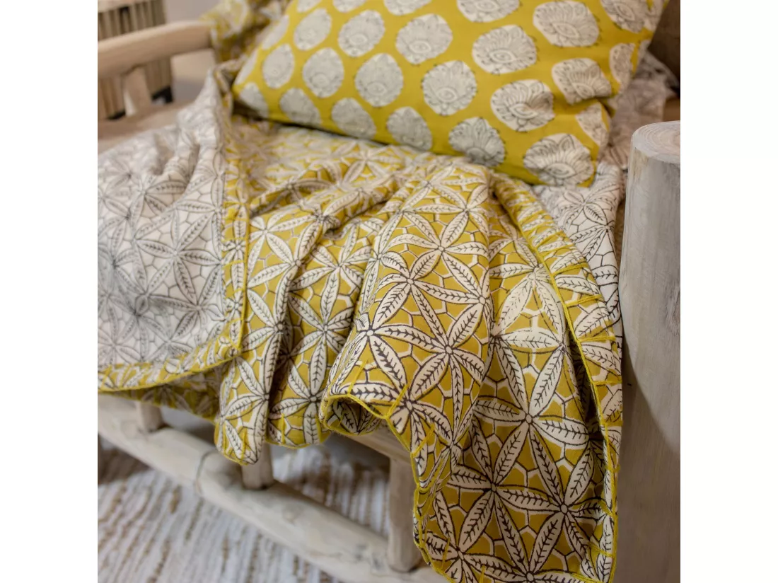 Now's Home - Courte Pointe En Coton Imprime Jaune Moutarde 110x160cm Housnia
