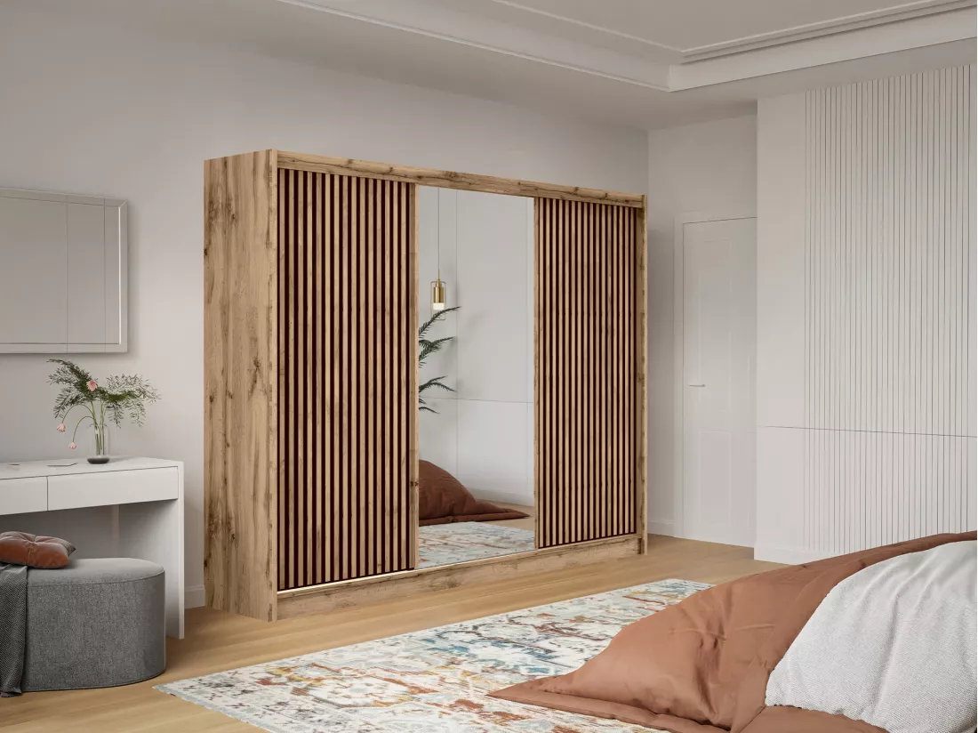 Armoire 3 portes coulissantes - Avec miroir - L250 cm - Coloris : Naturel et noir - CALOWI