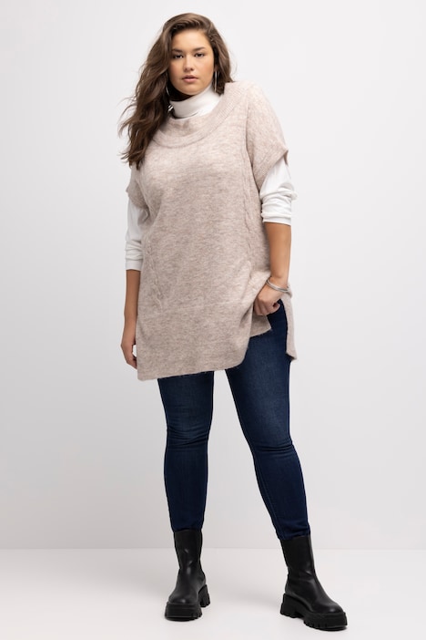 Pullunder, Zopfmuster, Oversized, Stehkragen, ärmellos