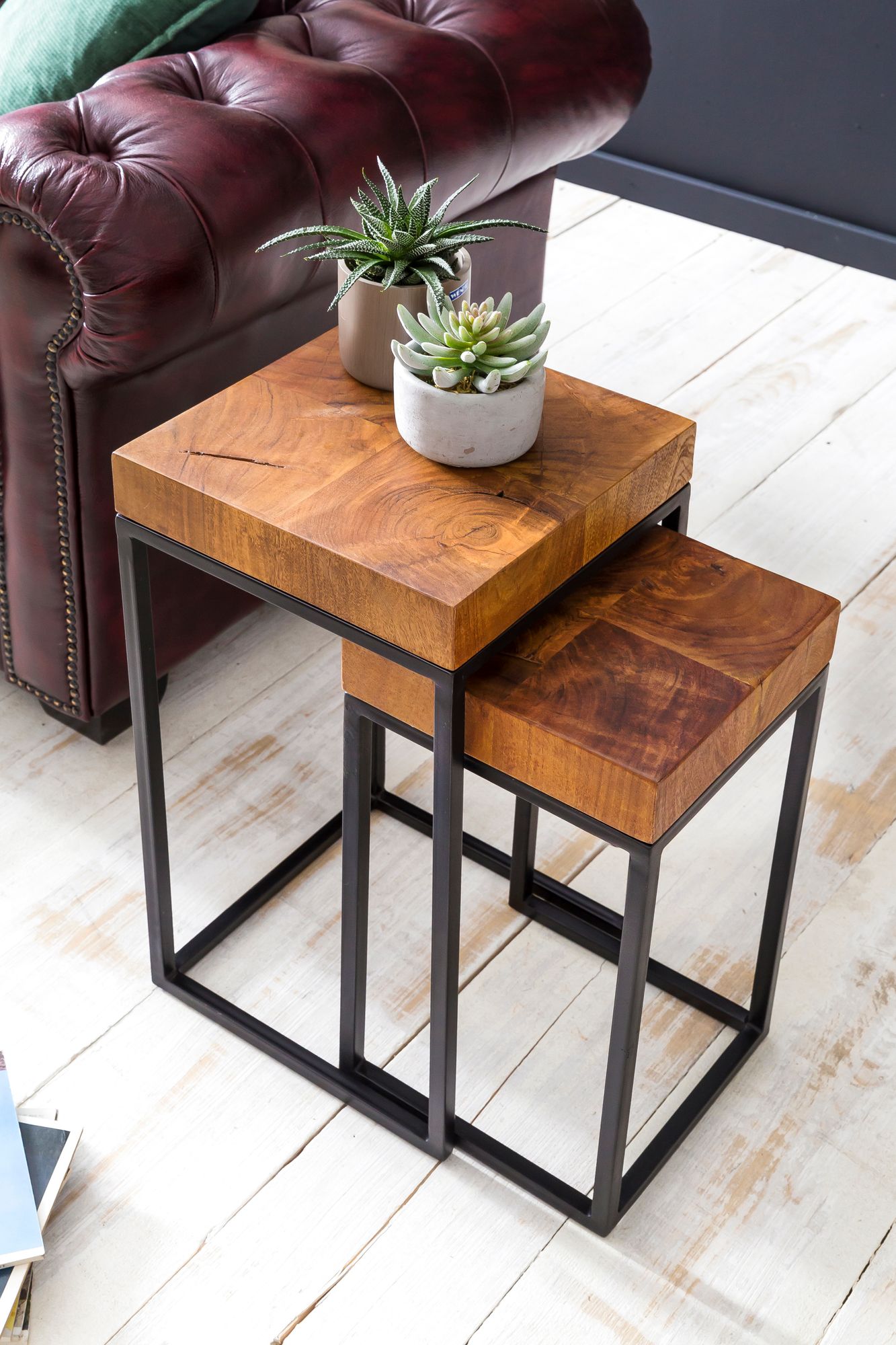 FineBuy 2er Set Beistelltisch FB51457 Sheesham Holz Metall Tisch Couchtisch
