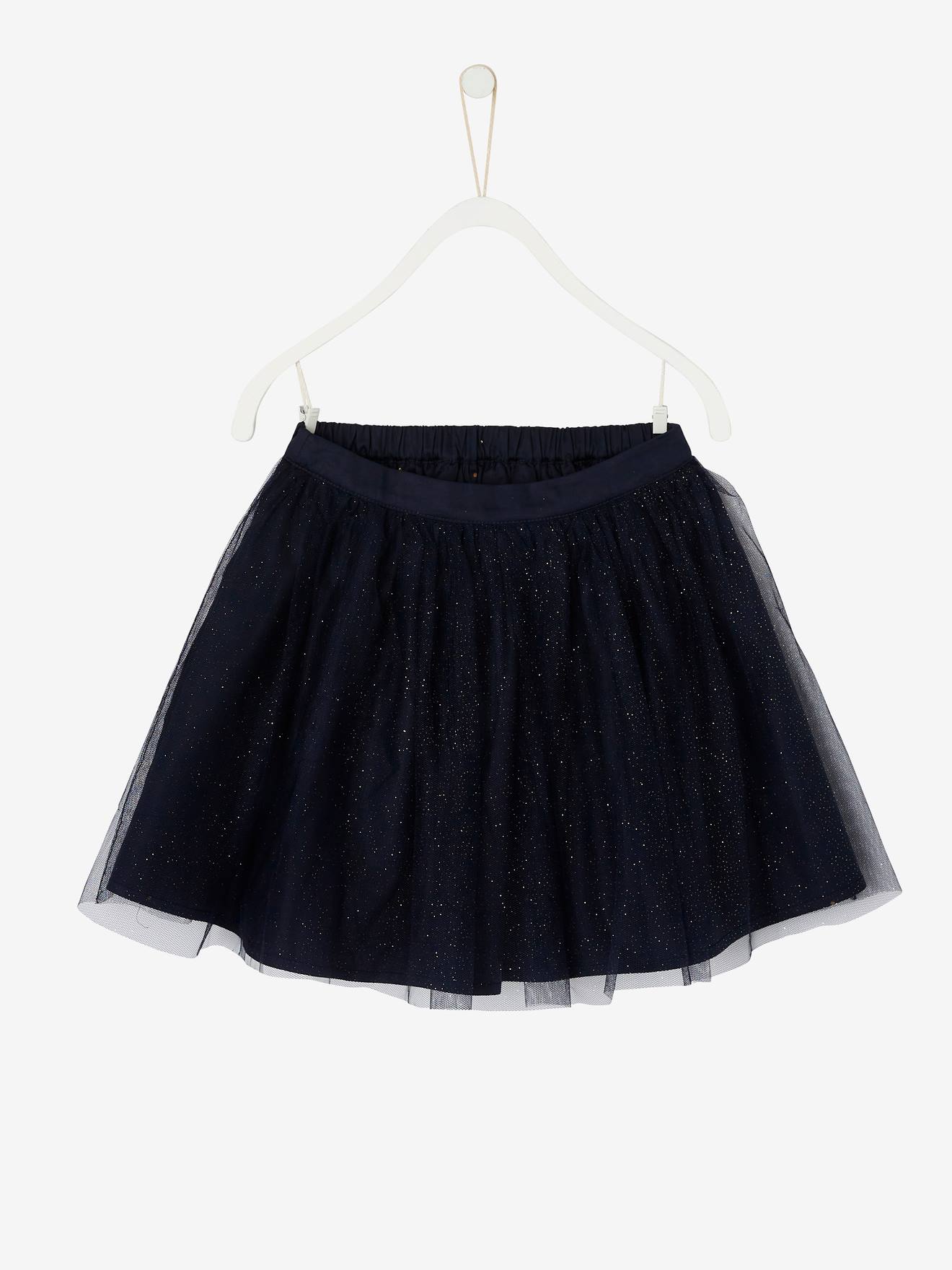 Saia reversível para festa infantil com glitter e bolinhas iridescentes, estampa azul-escura.