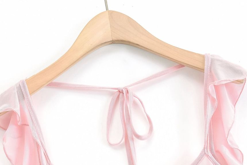 Sundine - Maxi-jurk met kapmouwen, ronde hals, effen ruches en mesh met split