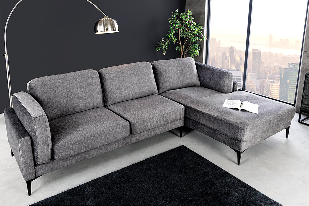 Design Ecksofa MANHATTAN 295cm dunkelgrau Samt Federkern 3-Sitzer Metallfüße