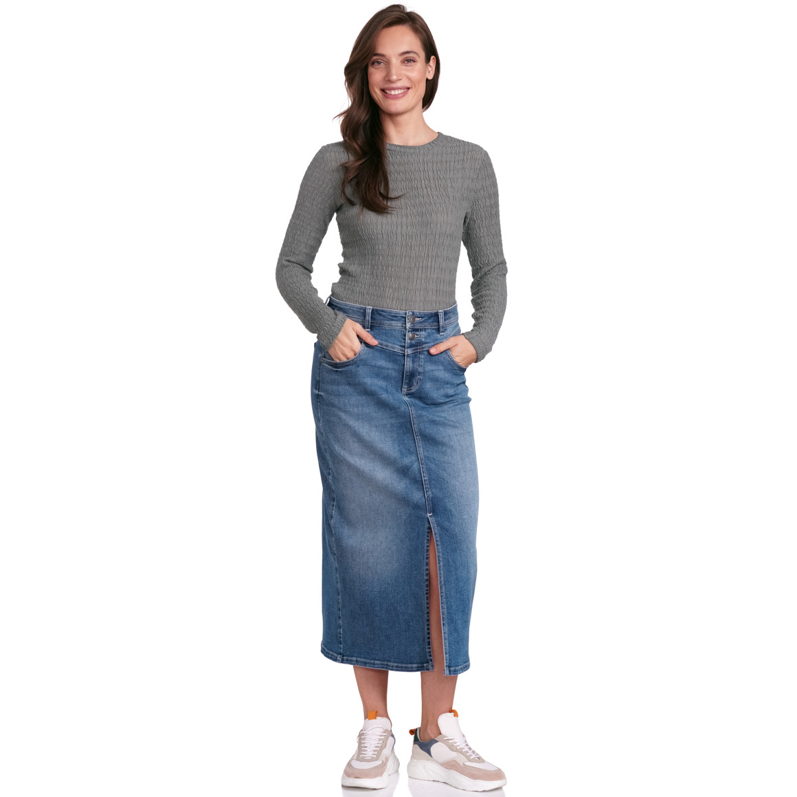 Gina Collection Damen Langarmshirt mit gekreppter Struktur dunkelgrau