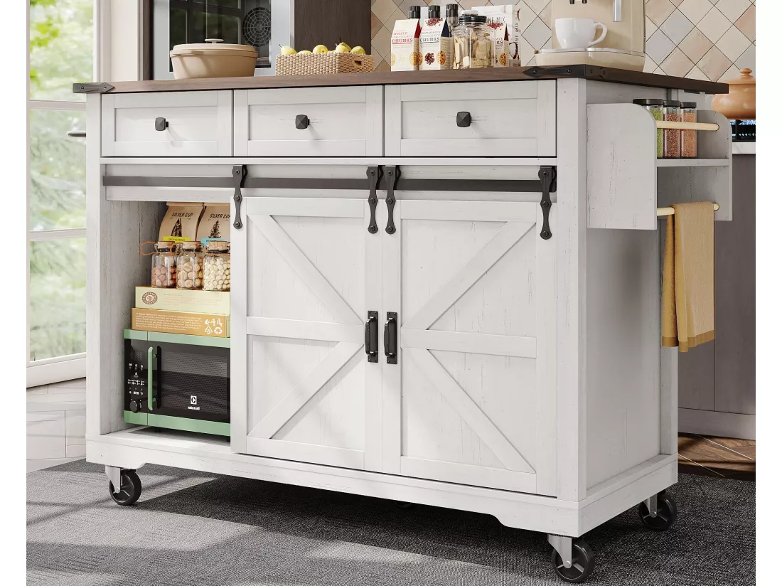 Ilot central de cuisine - avec plateau escamotable - 2 portes coulissantes avec étagères et 3 tiroirs - Beige