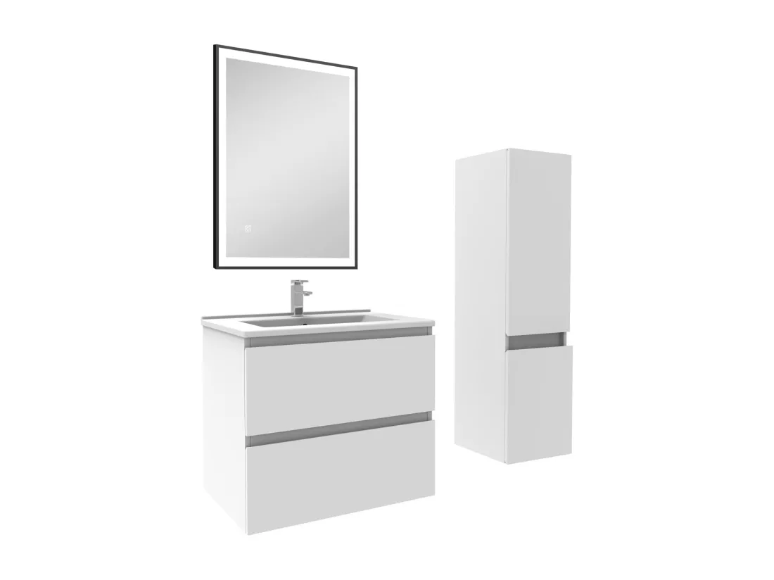 Meuble salle de Bain 60cm simple vasque avec colonne et miroir 3 couleurs blanc