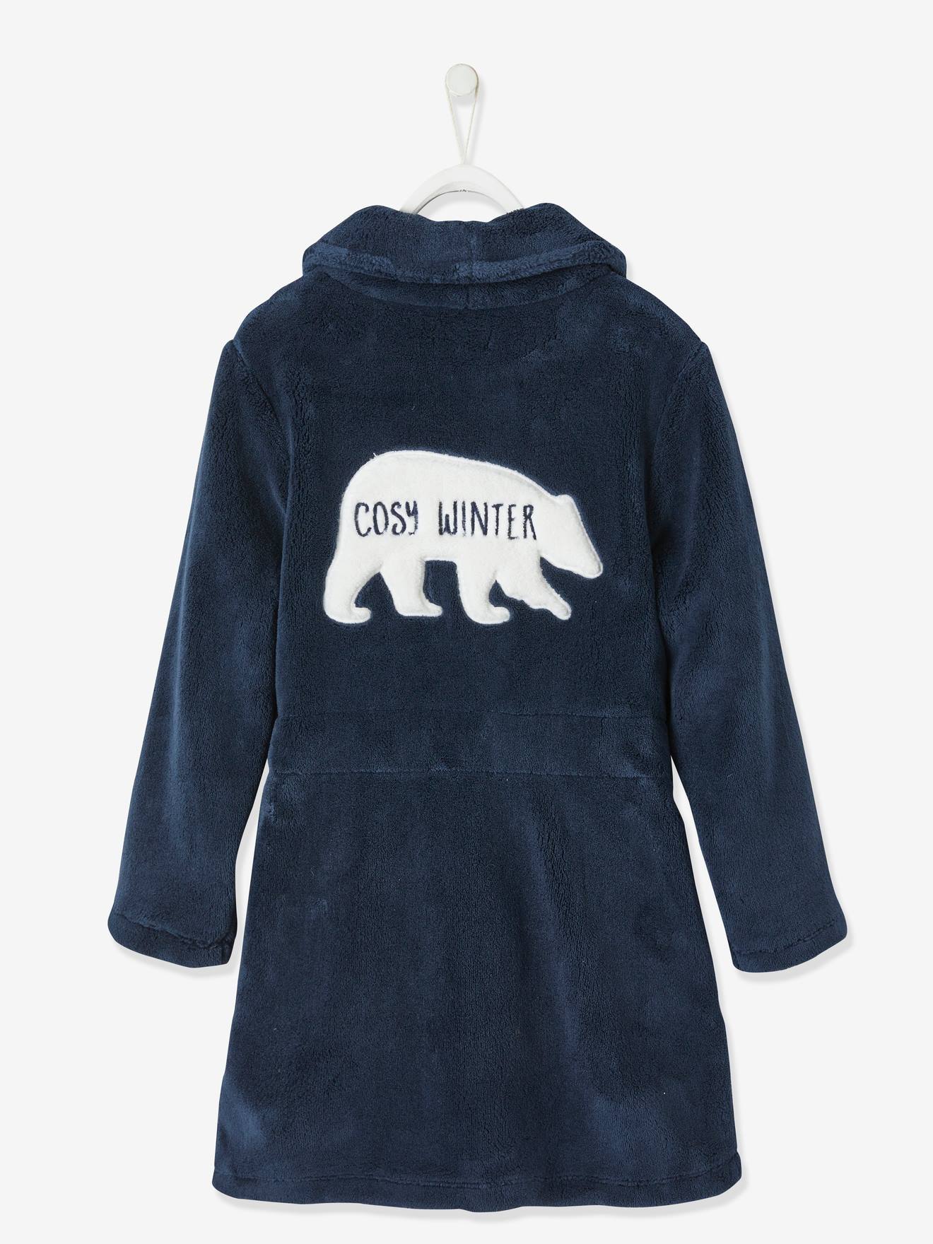 Robe lisa de malha de lã azul-escura com padrões