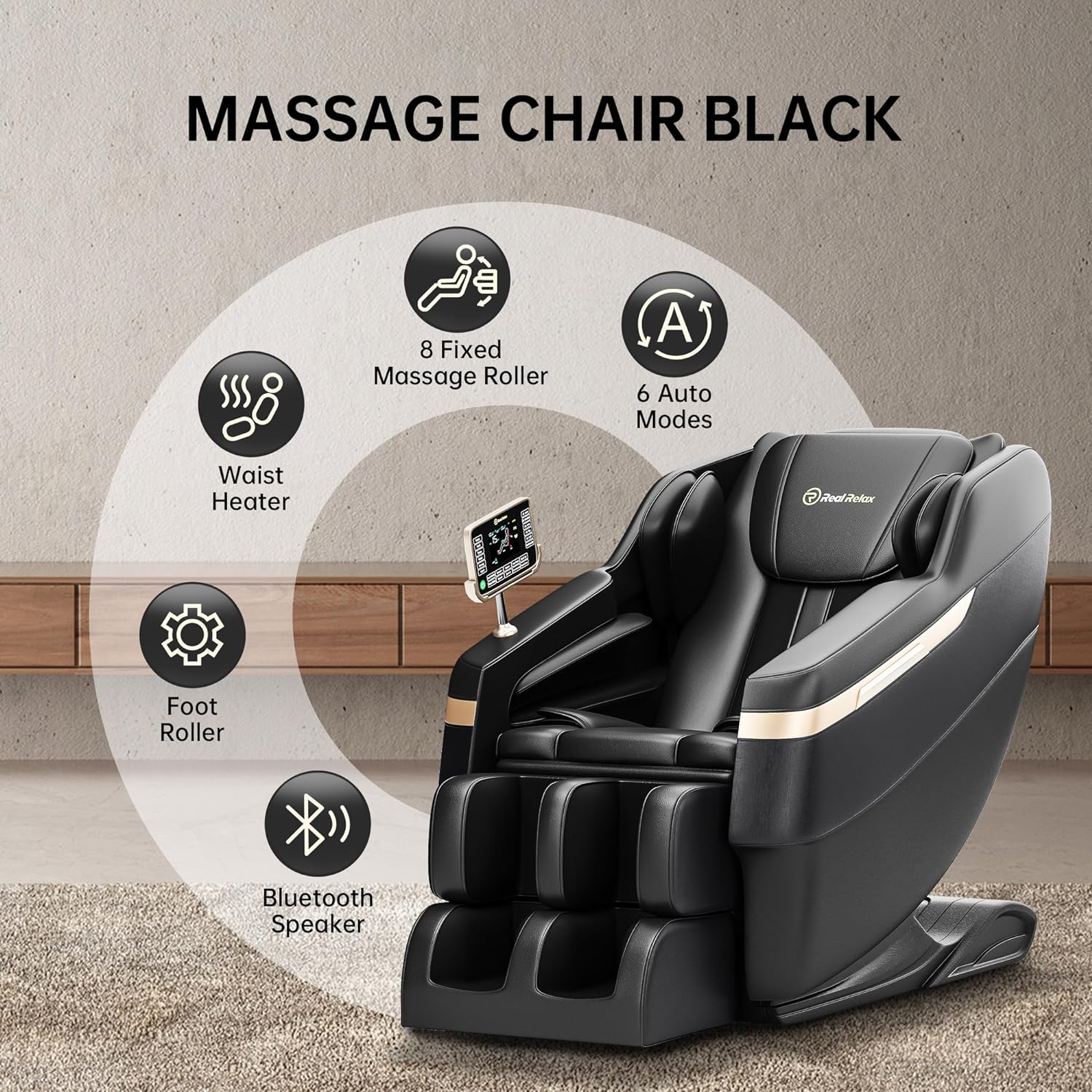 Cadeira de Massagem Real Relax 2024, Massagem Corporal Completa com Modo Gravidade Zero, Massagem nos Pés, Bluetooth, Tela LCD, Aquecedor de Cintura, Preta