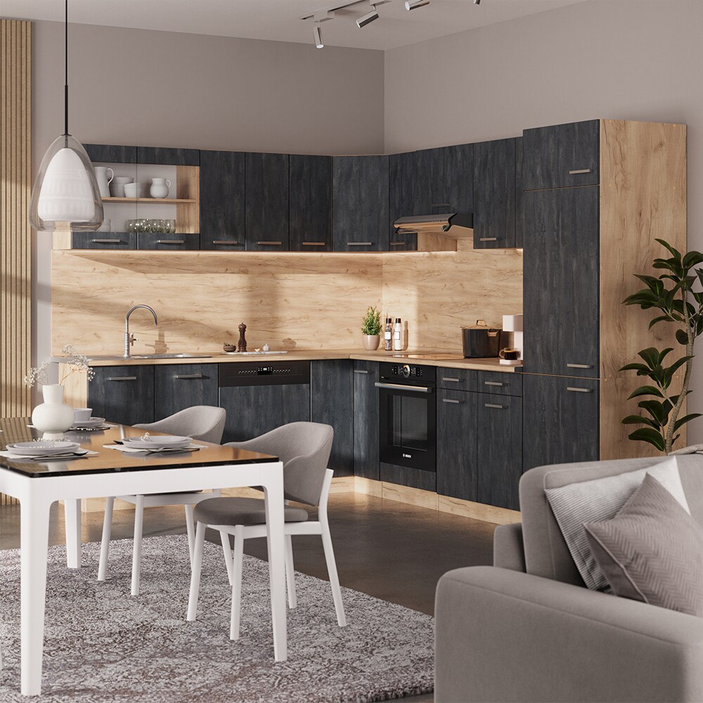 Vicco Eckküche R-Line 287x227 cm Schwarz Beton Eiche ohne Arbeitsplatte