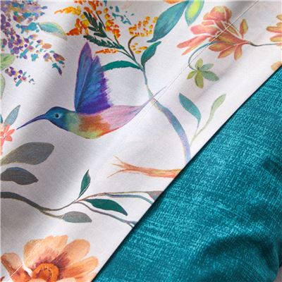 Linge de lit percale imprimé fleurs et oiseaux - BECQUET CRÉATION