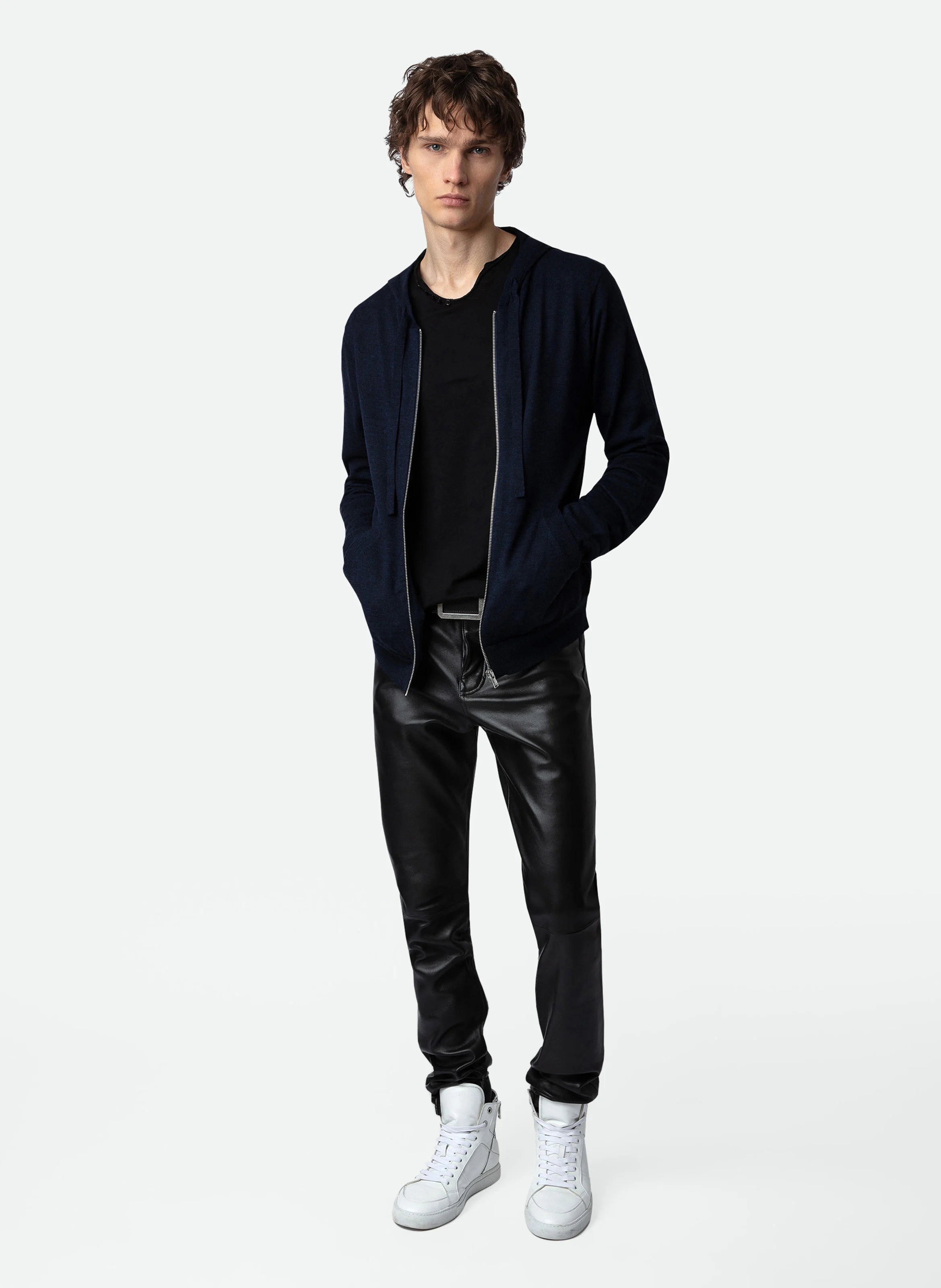 CLASH - Pull à capuche regular-fit zippé en laine mérinos | Bleu