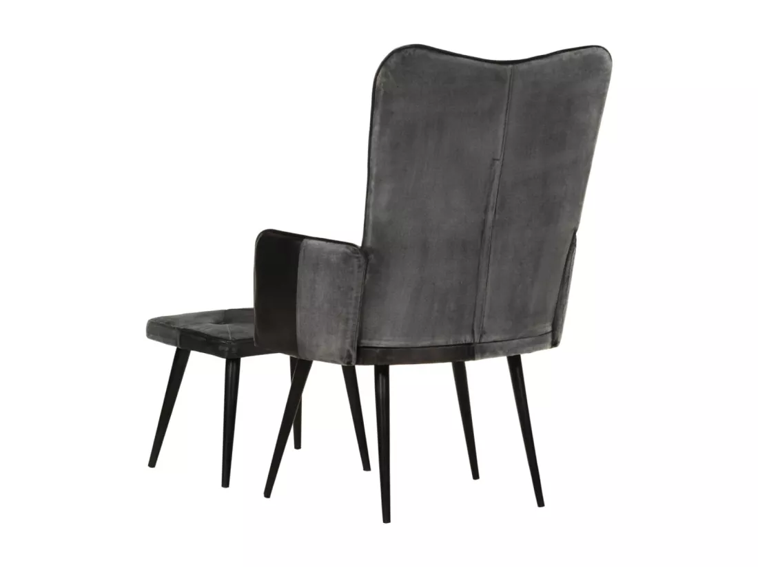 Fauteuil avec repose-pieds Noir Cuir véritable et toile
