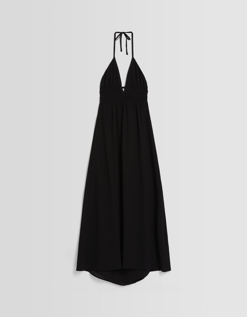 Vestido longo de crepe franzido