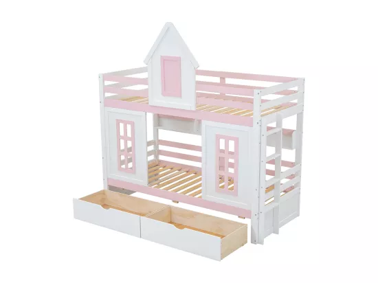 Lit superposé 90x200 cm Lit de princesse lit d'enfant avec toit et fenêtre garde-corps stable Deux tiroirs avec roulettes Blanc+Rose