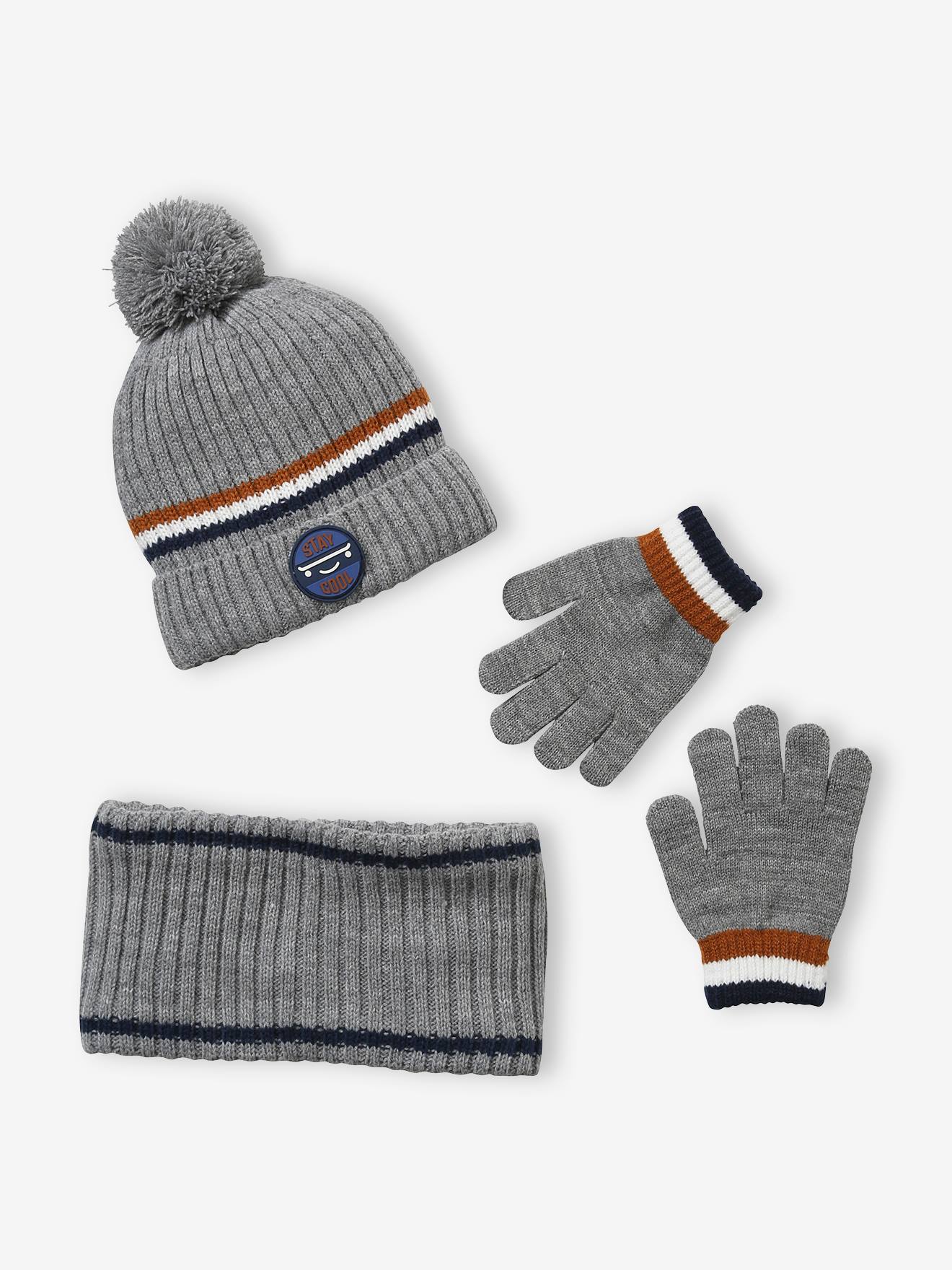 Conjunto de gorro canelado, cachecol tubular e luvas para meninos, azul escuro bicolor/multicolorido