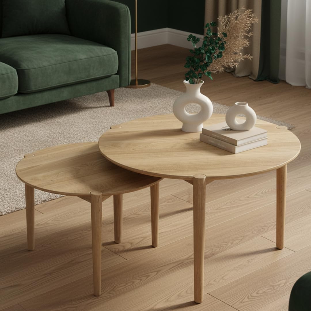 skølm Åsarna Couchtisch 2er Set – Wohnzimmertisch rund Eiche Massivholz – Sofatisch Holz Ø 70 & 55 cm mit 3 Beinen – Kleiner Beistelltisch – Holztisch Wohnzimmer – Coffee Table – Moderner Kaffeetisch